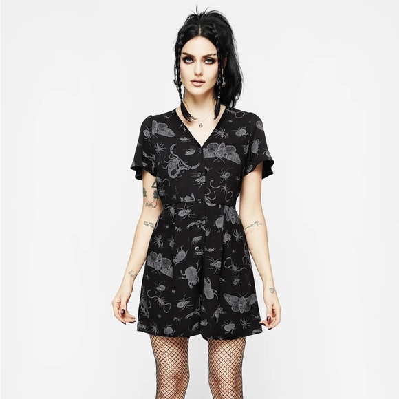 DISTURBIA Parasite Playsuit Black V-Neck Romper Bugs Print Goth w/ Tie (Size 8) - Picture 3 of 13